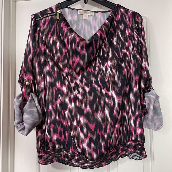 Michael Kors Blouse Size Large Pink Multi Cowl Neck Zip Shoulder Roll Tab Sleeve - Picture 4 of 10